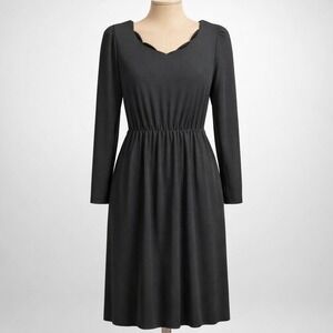 Vintage 80s Scalloped V Neck Midi Dress Sz S Black Long Sleeve Preppy Minimalist